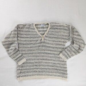VTG Cream Gray Black Chunky Knit V Neck Stripe Cozy Sweater